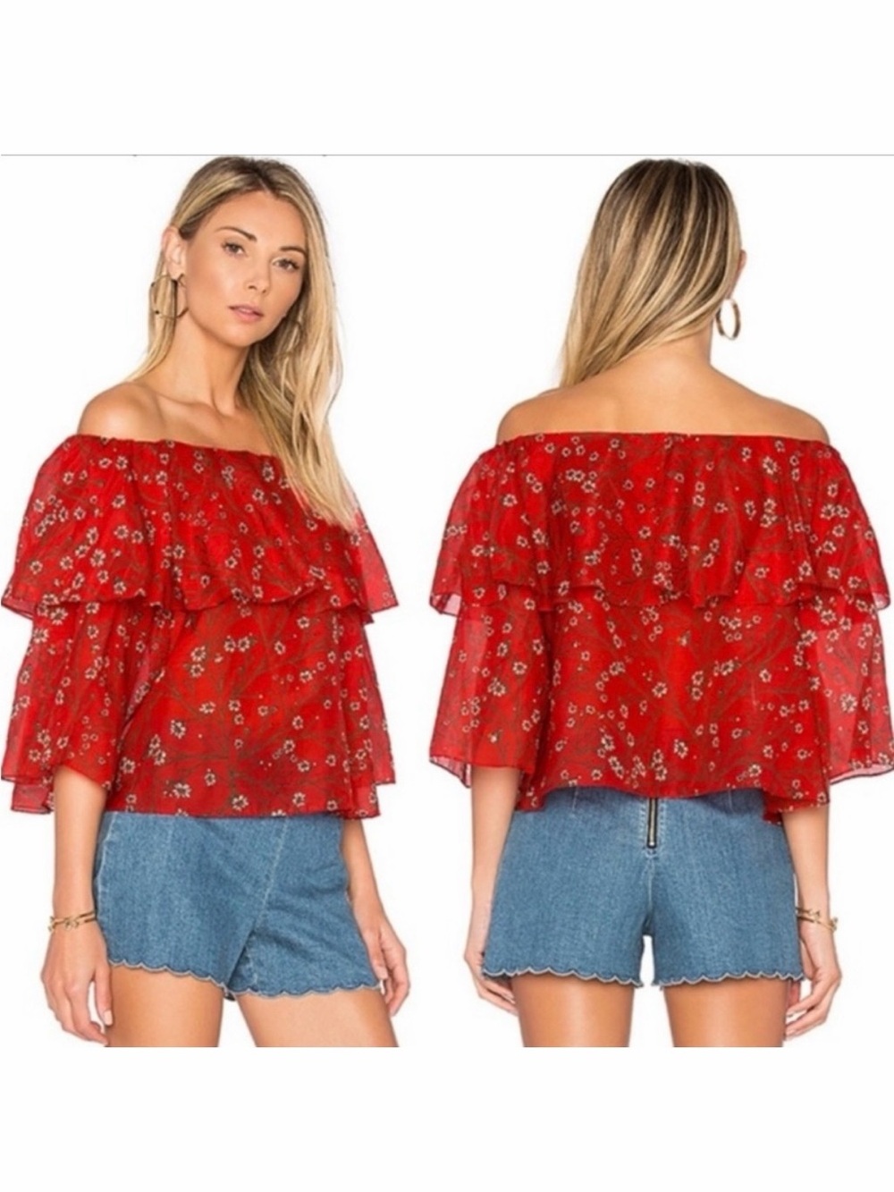 Alice + Olivia Meagan Red Floral Off-Shoulder Silk Blend Ruffle Top Size Large
